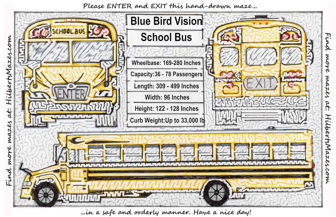 Free Printable Hand Drawn School Bus Maze. Easily downloadable and printable PDF format. Great Mazes for both kids & adults very challenging but fun.