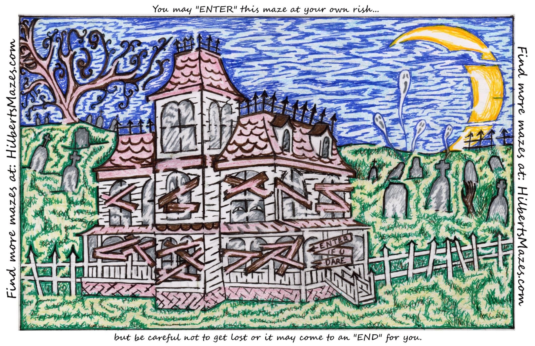 Free Printable Hand Drawn Haunted House Maze. Easily downloadable and printable PDF format. Great Mazes for both kids & adults very challenging but fun.