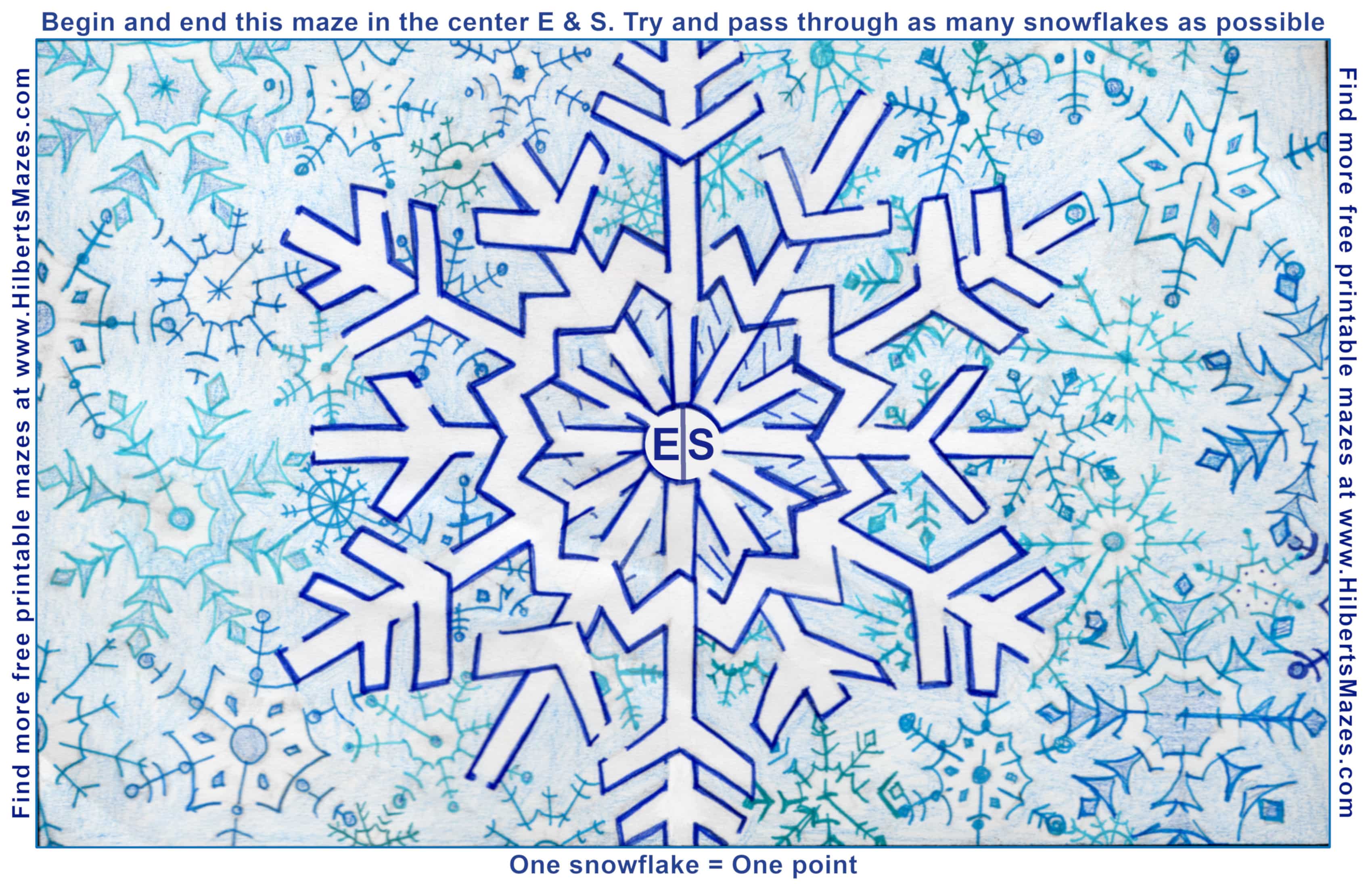 Free Printable Hand Drawn Snowflake Maze. Easily downloadable printable PDF format. Great Mazes for both kids & adults very challenging but fun.
