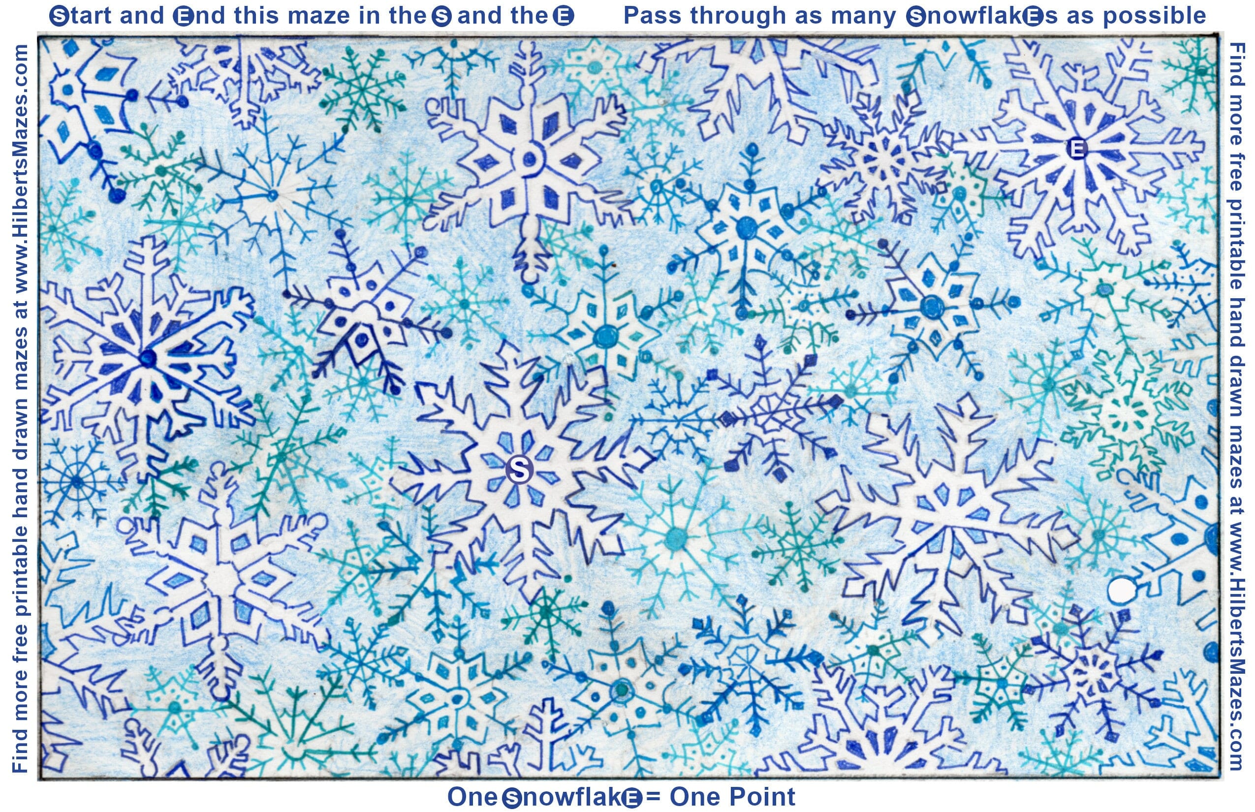 Free Printable Hand Drawn Snowflake Maze. Easily downloadable and printable PDF format. Great Mazes for both kids & adults very challenging but fun.